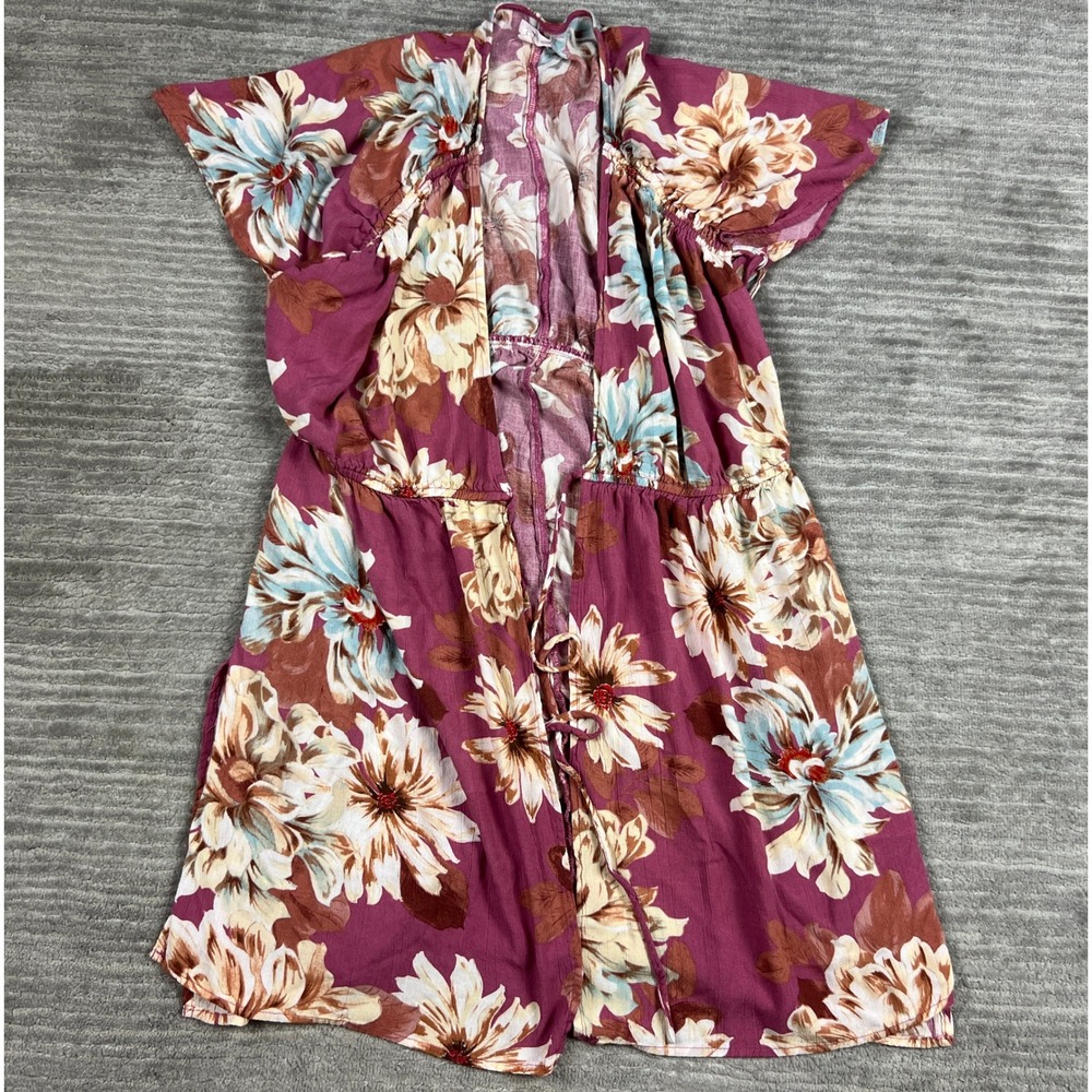 Maurices Kimono Cardigan Womens L Purple Floral Drawstring Waist Short Sleeve
